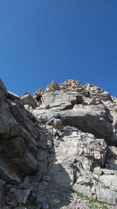 Scrambling up difficult terrain to Goat Mountain