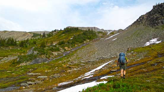 Eric hiking up the valley leading to Grizzly Col