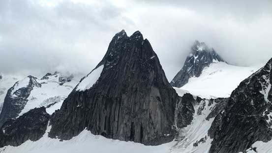 A closer view of Snowpatch Spire. Bugaboo/Snowpatch col just to its right.