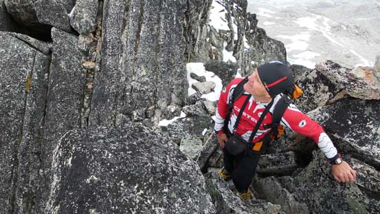 Ferenc admiring the intimidating NE Ridge of Bugaboo Spire!