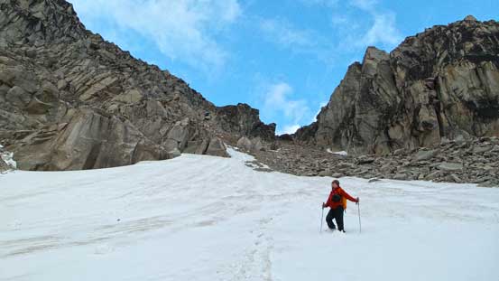 Ben plunging down the snow slope on the lower half of this gully