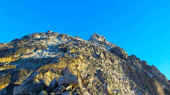 Looking ahead the Kain Route on Bugaboo Spire.