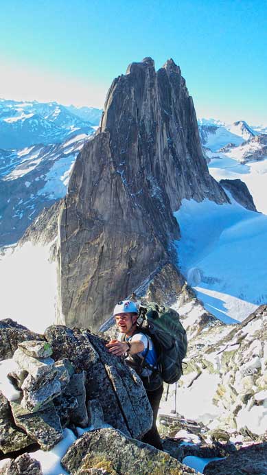 Ben scrambling, with Snowpatch Spire behind