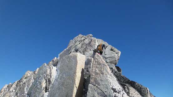Tony ascending the 4th class ridge section