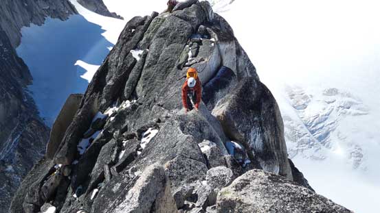Ben balancing over an extremely exposed part. Towards each side will be straight down to the glacier. I thought Mt. Northover being very exposed and this mountain redefined "exposure" for me...