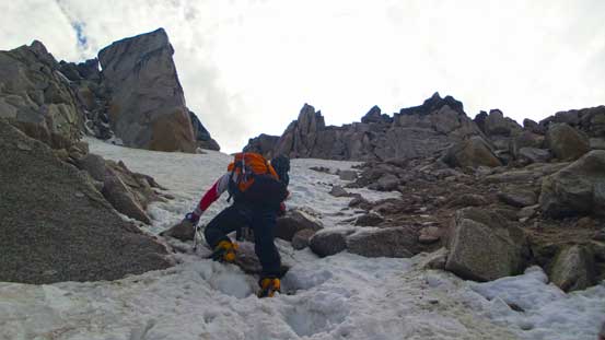 Down-climbing steep snow from Bugaboo/Snowpatch col