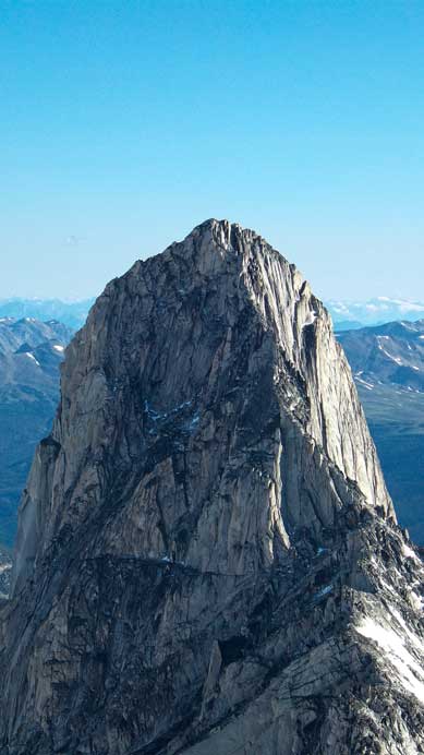 A zoomed-in view of Bugaboo Spire and the upper portion of Kane's Route