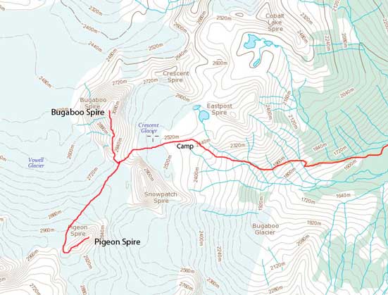 Bugaboo Spire (Kain Route) and Pigeon Spire (West Ridge) ascent route