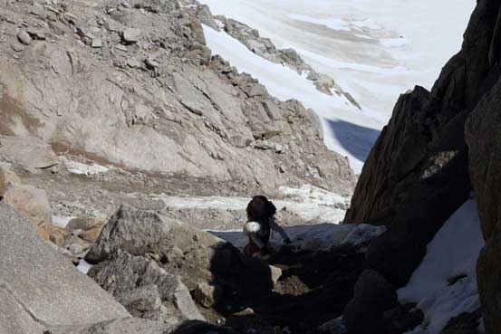 Me dropping down the steep snow from B-S col