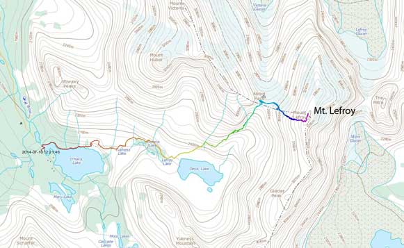Ascent route for Mt. Lefroy via West Face