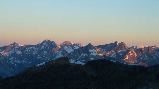 Alpenglow on the peaks north of Highway 1 - Cheops Mountain, etc. 