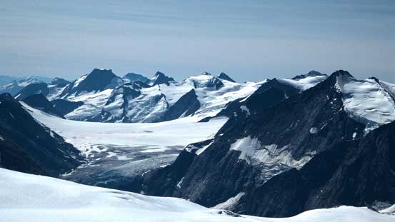 Looking south into Deville Neve. Giants in Selkirks including Grand, Wheeler, etc.