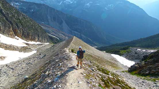 Hiking down a long moraine crest