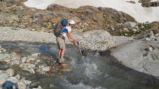 Crossing a raging creek. A bit too wide so Ben just forded it.