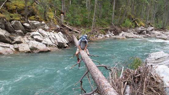 Eric shaffling across the log