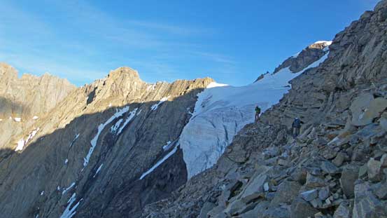 Near the end of this ledge traverse. By doing so we gained the glacier at above these seracs.