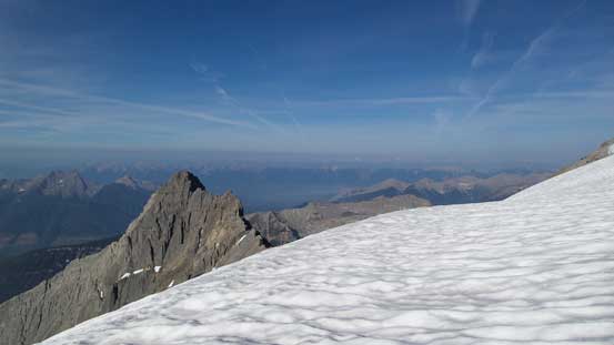 On the flat bench just below the final couloir