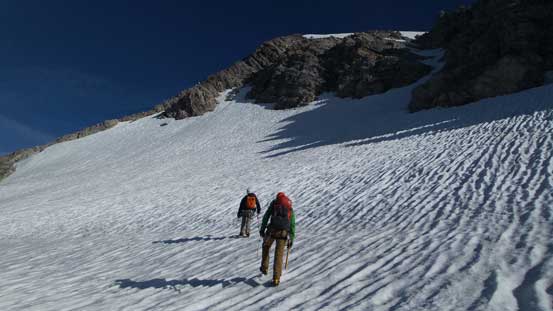 Ben and Vern ascending towards the couloir (right of center in the shades)