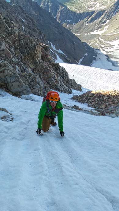 Vern climbing up the 40 degree couloir