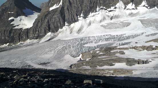The heavily crevassed glacier we just ascended in the morning