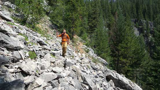 Crossing a boulder path on the return