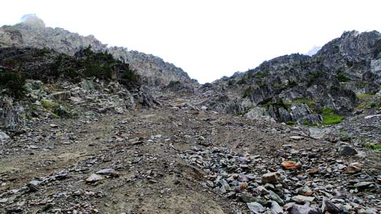 Looking up the steep gully