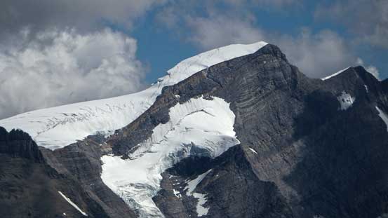 You can see the crevasses on Resplendent Mountain in this photo