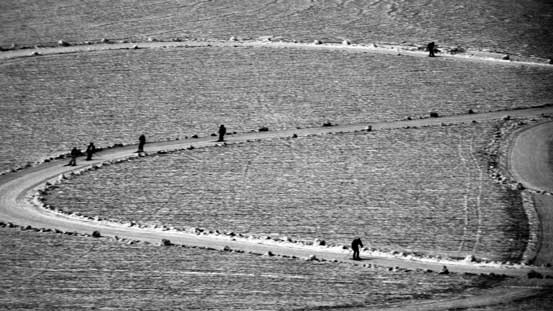 Cross-country skiers training on this icefield