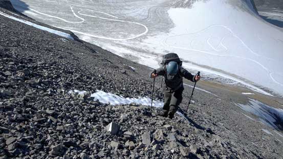 Doug slogging up scree