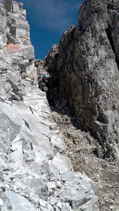 Doug down-climbing the gully