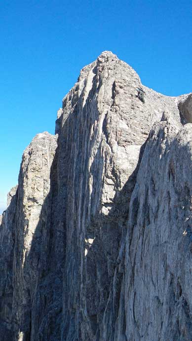 Doug descending exposed terrain just above the crux