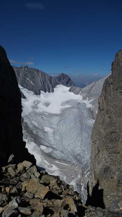 Smith-Dorrien Glacier seen from a gap on the summit ridge