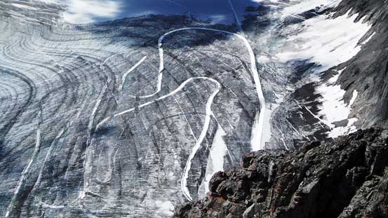 The x-country ski tracks on Haig Icefield