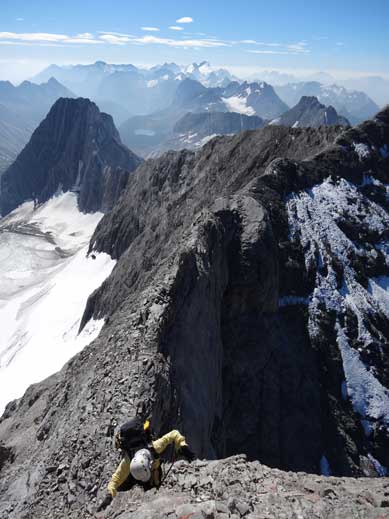 Me down-climbing loose and exposed terrain. Photo by Doug