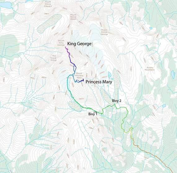 Ascent routes for Mt. King George and Mt. Princess Mary