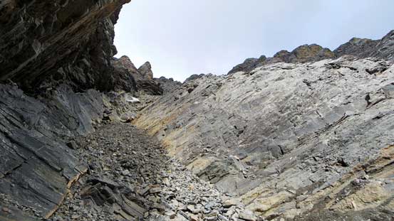 Looking up the ascending gully