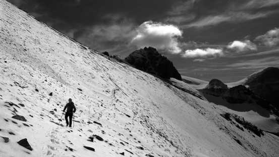 Vern descending from Woolley Shoulder. Again, snow helped to speed up the progress
