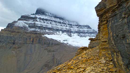 Traversing around a corner. We built quite a few cairns to help the descent