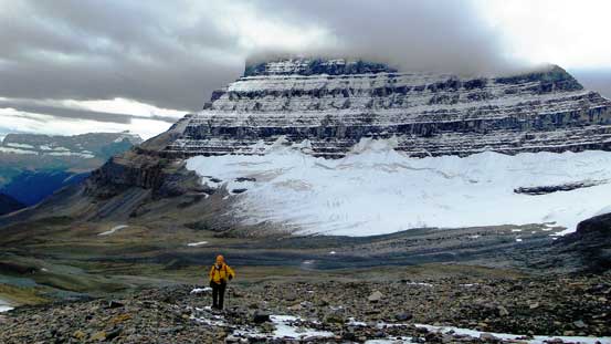 Vern coming up with Mt. Alberta behind - what a massive mountain