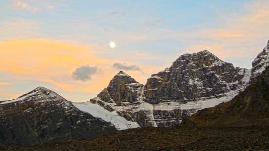 Moon rise over Stutfield Peak. Time to rest.