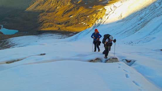 Ben crossing a crevasse. Very typical terrain leading towards the first crux..