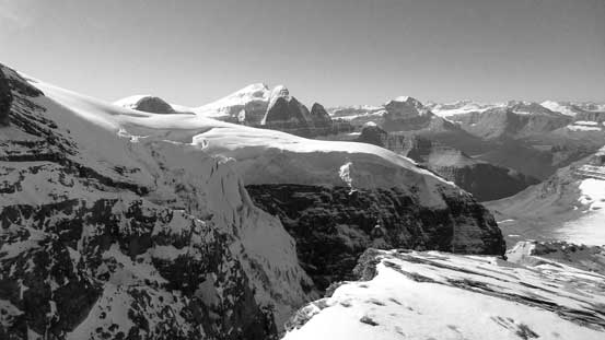 The Twins rise behind impressive ice formation on Woolley's southwest slope.