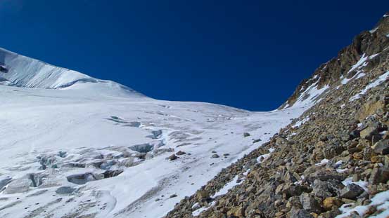 Looking back towards the col. Note the holes on glacier even at the edge....