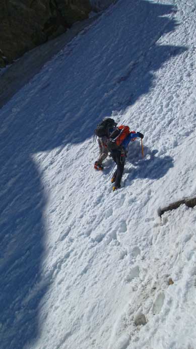Vern and Ben down-climbing the 2nd couloir