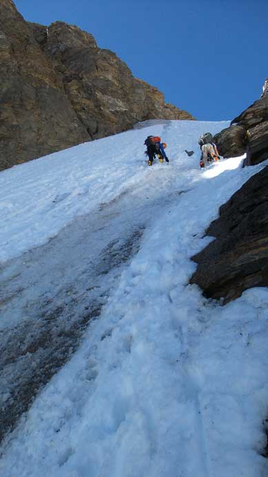 Here they had to cut over to the right side to avoid this ice patch 