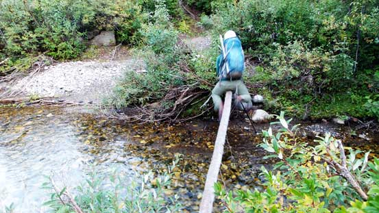 Eric au-chevalling across the first log. At about 100 m upstream there's a much safer log that Mike discovered. We'd use that one on the return.