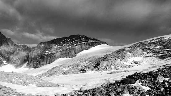 There were a few holes on the glacier, on climber's left.