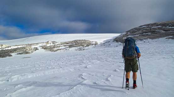 Getting closer. We ascended the rock on the right side to the highest we could before venturing onto the glacier.