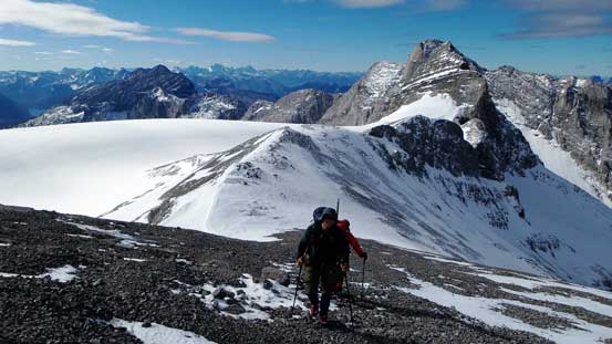 Slogging up scree towards the false summit. The view was amazing so we didn't complain about the scree.