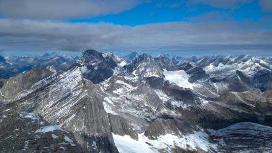 The Joffre group as well as peaks on Petain Glacier.